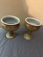 SET OF 2 HAND-TURNED POTTERY CHALICES GREEN/BROWN GLAZE 5 Inches Tall
