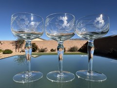 3 W.J. Hughes Cornflower Cordial Crystal Etched Cordials Sherry Glasses Vintage