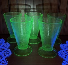 Green Depression Glass Uranium Crackle Textured Pedestal Tumblers Set Of 5