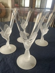 4-Sasaki Crystal Goblets with Frosted Doves Birds by Etuso Yamagishi