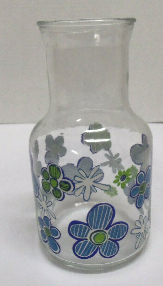 Vintage KIG Indonesia Juice Carafe Blue, Green And White Floral No Chips Or Cra