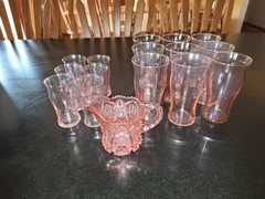 Pink & Clear Glass Tumbler Glasses Set with Small Creamer Pitcher