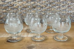 6 VTG Clear Brandy Snifters Nautical Etched Schooner Sail Boats Ships Barware