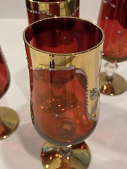 Bohemian Gold & Cranberry Red Flash Hand Painted Water Wine Goblets Set Of 4