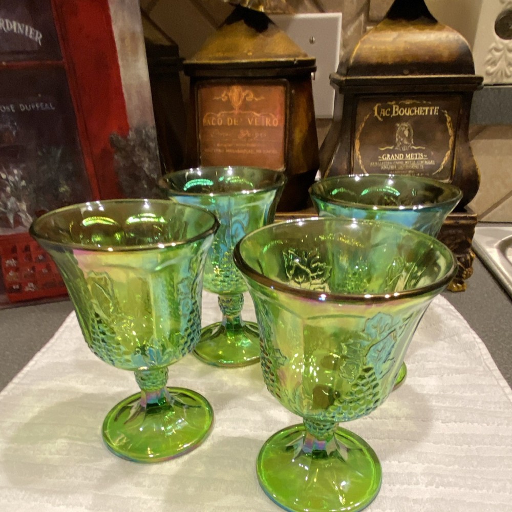 Vintage Set 4 Indiana Carnival Iridescent Lime Green Goblets~Harvest Grape~