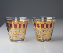 Set of 4 VTG Culver Cranberry Scroll 22kt Gold Flared Rocks Whiskey Glasses-Read