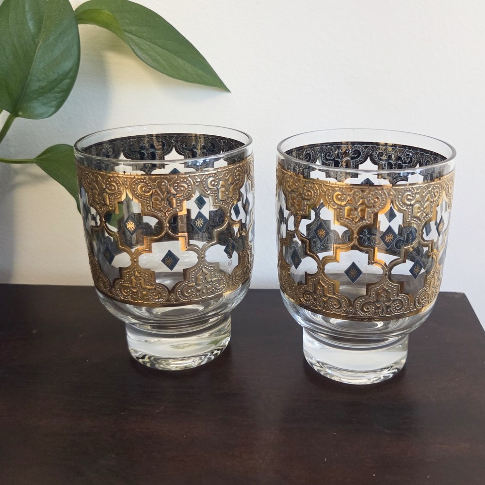 Culver Seville Glasses Double Old Fashioned Footed Lowball (Set of 2) Vtg 4.25″