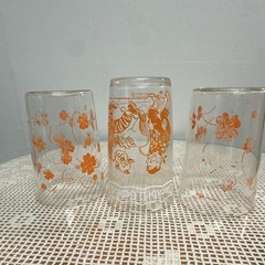 Set of 3 Clear Glass Tumbler Glasses Orange Floral Decorated «Gets A Kick» 5 in
