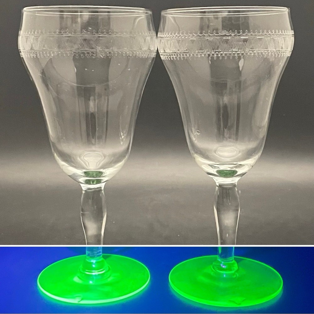 Fostoria Uranium Glass 2pc Etched Stem Wine Glasses c1930s Made in USA 7″t 8oz