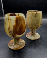 2 Vintage Hand Carved Natural Green Onyx Stone Goblet Wine Glasses