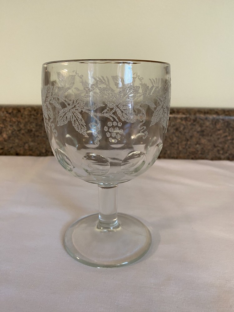 Vintage Indiana Glass Bartlett & Collins White Grape/Leaf Gold Rim Water Goblet