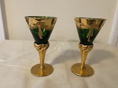Tre Fuochi Murano Liqueur Glasses (2) Hand Painted Gold Overlay Green Glass