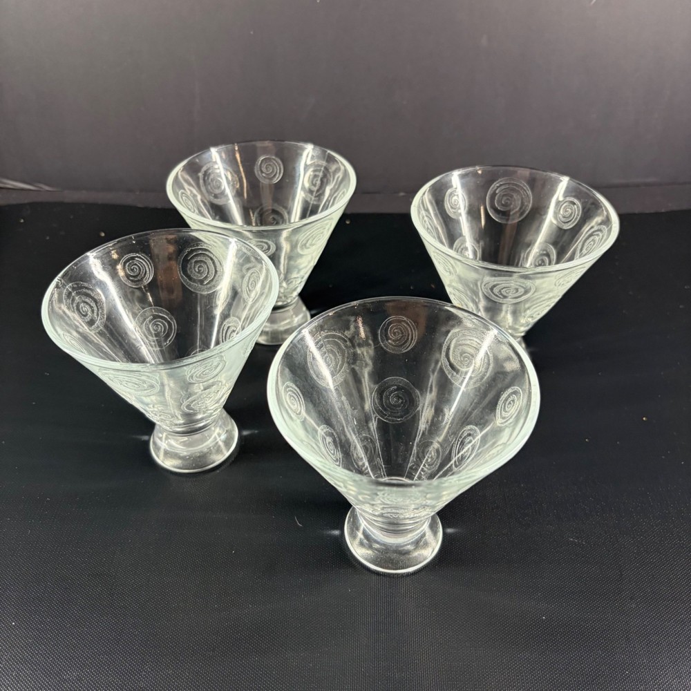 Set Of 4 Etched Glass Dessert Cups With Swirl Pattern – Vintage Style Clear Glas
