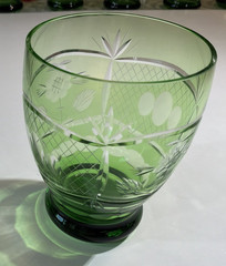 RARE!! Bohemian Green Cut to Clear Glass Low Ball Rocks Whiskey Tumbler Set of 6
