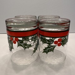 (4) Libbey Holly & Berries Double Old Fashioned Whiskey Blown Glasses Christmas