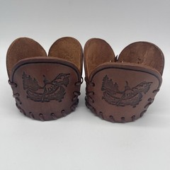 Two Libbey Bamco Western Texas Buffalo Tooled Leather Drinking Glass Holders