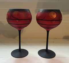 Set of 2 Large Hand-Painted Art Glass Goblets 9 1/4” Tall ~4 1/2” In Diameter