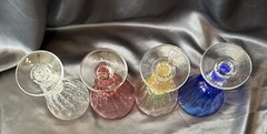 Set of 4 Hand Blown Glass Colored Goblets, Clear/Red/Blue/Yellow, Thick, EUC