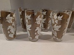 Set of 6 Vintage Hazel Atlas Tumbler Drinking Glasses White Maple Leaf Design