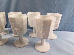 Set of 7 Westmoreland Milk Glass Paneled Grape Water Goblets