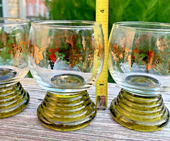 Green Beehive Stemmed Etched 24Kt Gold LeaF Juice Glasses Wine Cordial 3