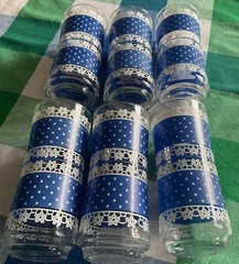 6 Vintage Anchor Hocking Tall Drinking Glasses Blue & White Polka Dots & Lace
