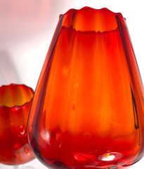 2 VTG Red / Orange Empoli Italian Glass Ribbed Optic Wine Goblet Swirl Stem MCM