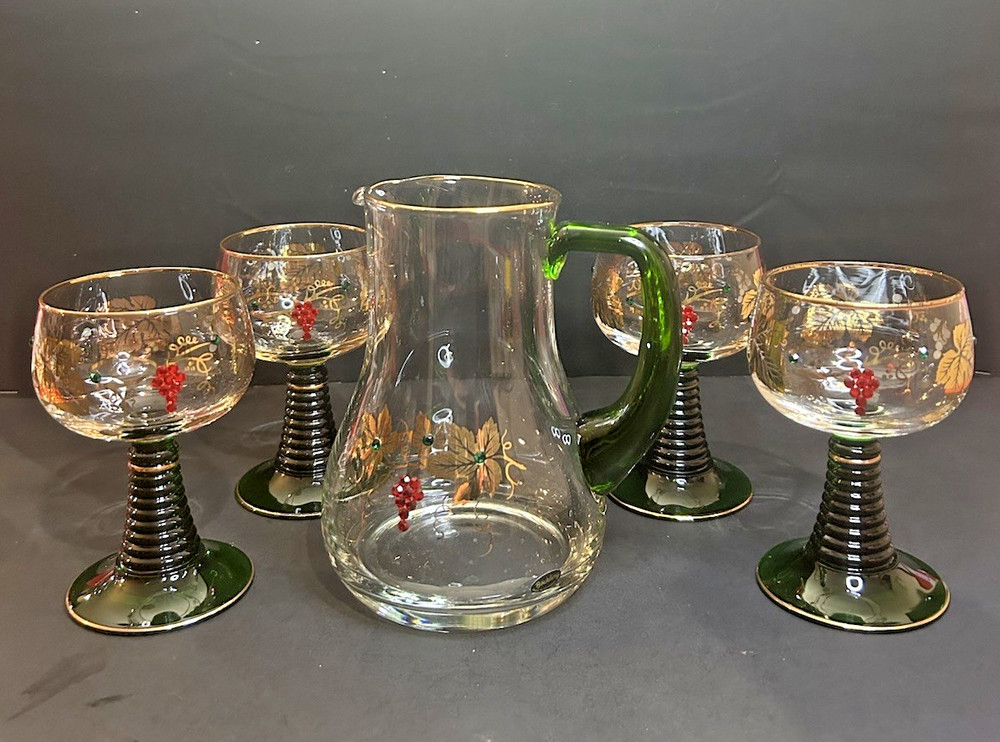 Roemer Bockling Germany Grape Pitcher & 4 Goblets Green Stem Jeweled Glass Set