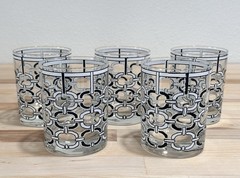 Set of 5 Vintage Cera MCM Black & White Chain Link Old Fashioned 4 1/8” Glasses