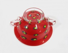 Signed Hand-Blown Art Glass Double-Handled Cup Bowl Red w/ Yellow Polka Dots