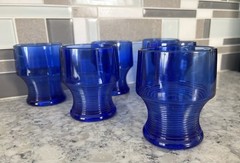 Cobalt Blue Vintage Glasses, Ribbed Base, 4” Tall, 8 oz. Set Of 5, Great Cond.