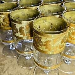 14 Available Cera MCM 6.5″ Stem Glass 22K Gold Gilt Oak Leaf Acorn Barware VTG