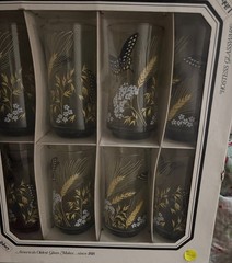 Set Of 8 Vintage M. Petti Smoke Glass Tumbler Butterflies Flowers Original Box
