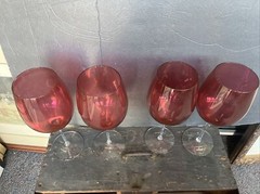 Large balloon tall wine Neiman Marcus red cranberry glasses set of 4 Glass