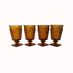 Indiana Glass Amber Pedestal Goblets Set 4 VTG Moody Mt Vernon Diamond Point MCM