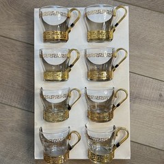 Greek Key Continental Coffee Cup/Mug by Libbey 60s Art Deco Gold Metal Set of 8