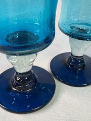Mexican Hand Blown Aqua Blue Goblets Bubble Stem Glasses – Set of 8