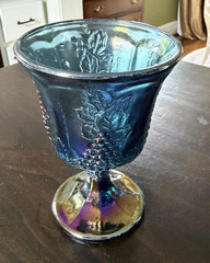 Blue Iridescent Carnival Glass Grape & Leaf Goblet Cup 4in Tall x 4in Dia