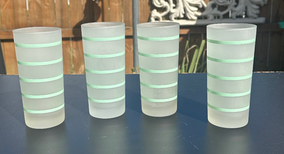 MCM frosted tumblers glasses green banded highball Tom Collins glasses