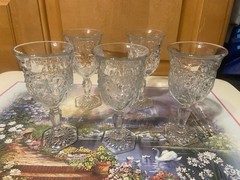 Antique EAPG Indiana Glass Daisy & Button Narcissus Goblets Hex Foot Set 5 c1910