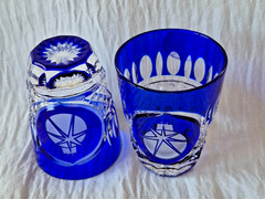 AJKA CHRISTMAS COBALT BLUE LEAD CRYSTAL VODKA SHOT GLASS, SET OF 2, MARKED