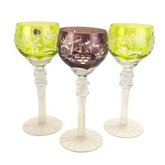 SET OF 3 MADE IN POLAND 9.25″ CUT TO CLEAR CRYSTAL WINE GLASSES W/GRAPE & STARS