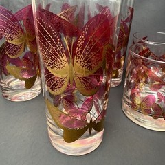 Fred Press Butterfly Glass Set 8 Cranberry Pink Gold Highball Rocks Mid Century