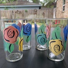 Vintage MCM Mod Floral 16oz Glasses Tumblers 6 1/4″ Set of 4 Boho Seventy vibes