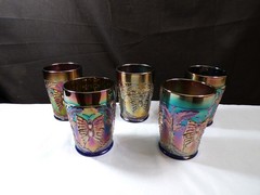 Set of 5 Vintage Fenton Blue Carnival Glass Butterfly & Fern Pattern Tumblers