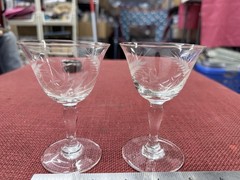 Vintage Crystal wheat etched wine glasses. Clear With Floral Design Set Of 2