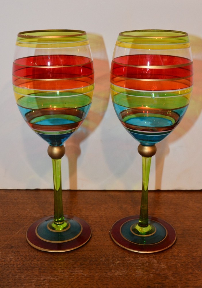 Festive Stripe Tall Stemmed Wine Glasses Goblets 9″ Gold Rim Hand Painted
