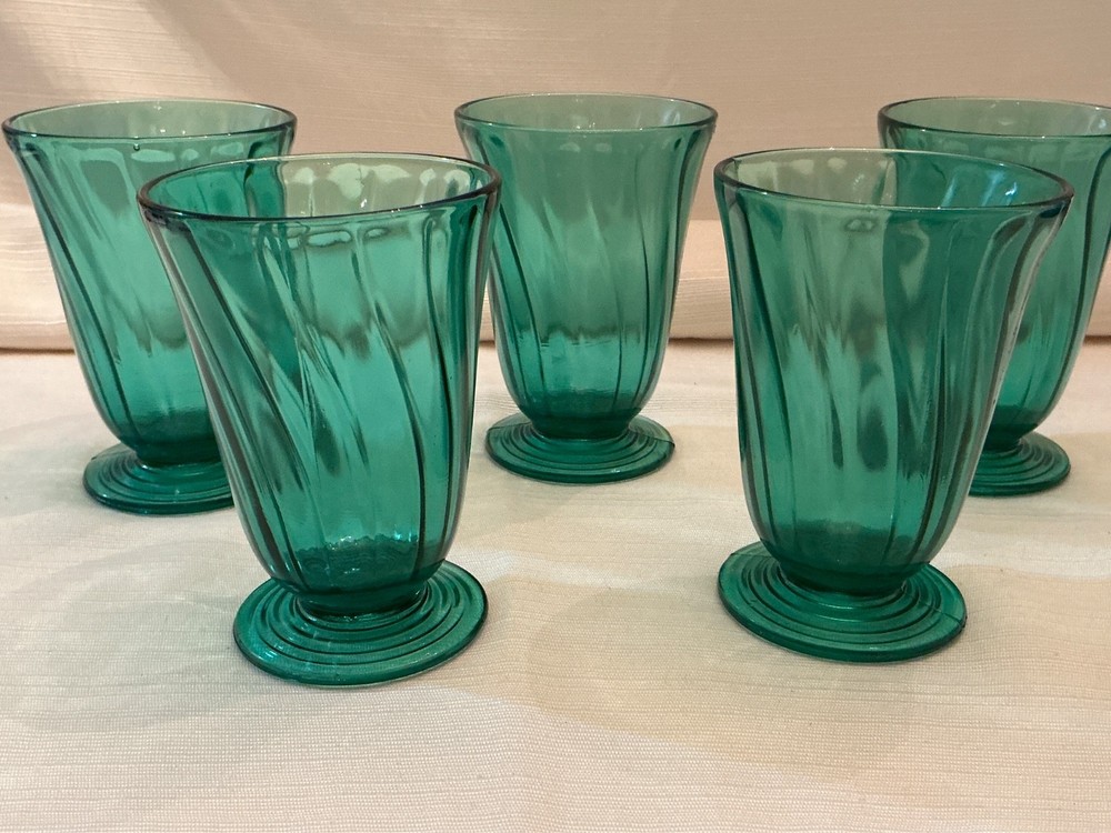 Jeannette Glass Ultramarine Swirl 4-1/2″ 9 oz Footed Tumblers Vintage Set of 5