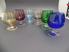 Six Moser Styled Brandy Stems Cobalt Blue, Green, Yellow, Amethyst, Smoke, Blue