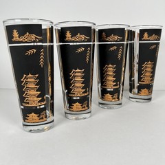1950s MCM Black 22k Gold Hollywood Regency Chinoiserie Highball Glasses Set of 4